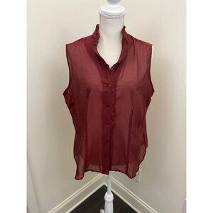 George Maroon Sleeveless Sheer Button Up Ruffle Neck Top Size XL